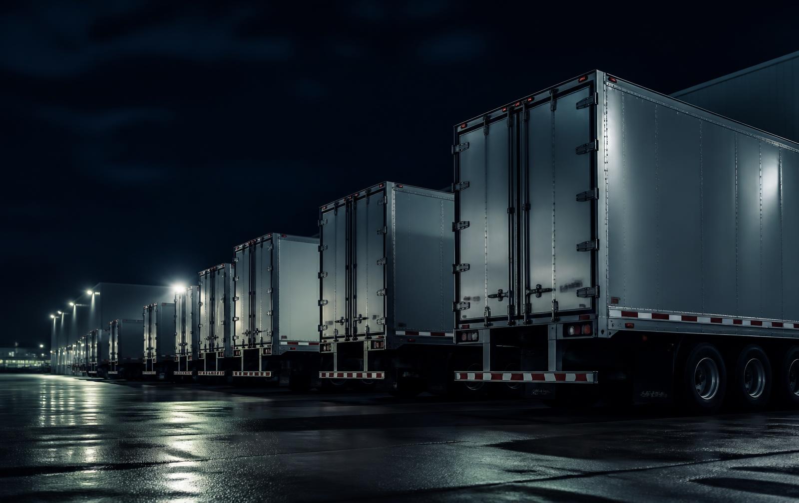 Row of freight trailers staged in a truck yard at night