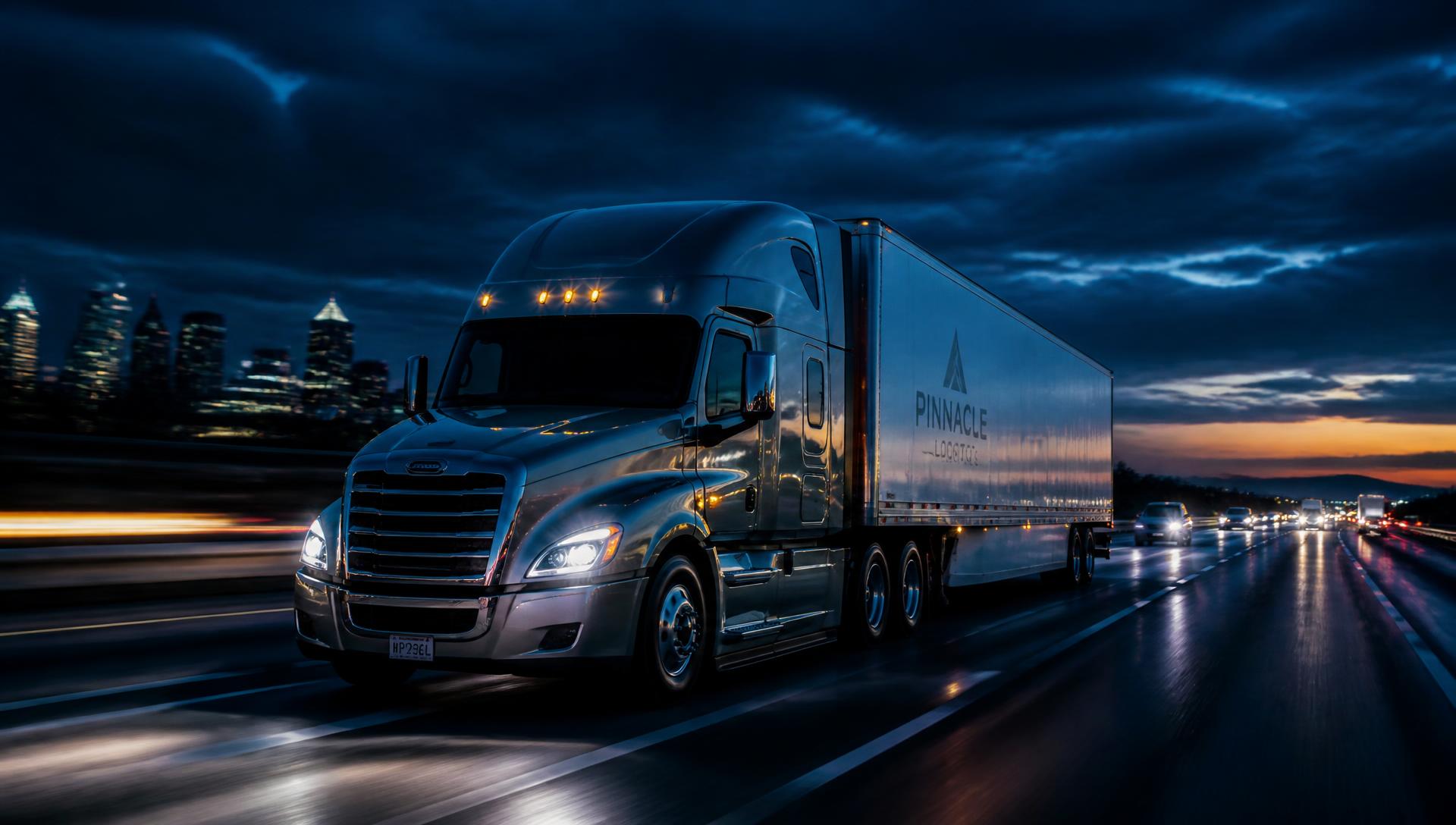 Silver semi-truck hauling freight on an American interstate at dusk